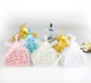 Hollow rose dress style wedding candy boxes with ribbons in multiple colors