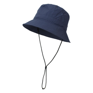 Detail of navy blue sun hat showing waterproof fabric and adjustable chin strap