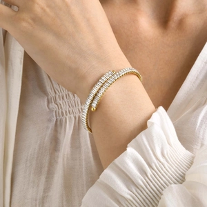 Gold stainless steel double layer bangle with square cubic zirconia and open design