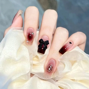 Press On Nails Wine Red Gradient Silver Rose Flower 3D Black Bow Heart Pattern Coffin Shape Elegant Manicure For Women