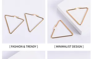 Primer plano de aretes de aro triangulares minimalistas en acero inoxidable dorado