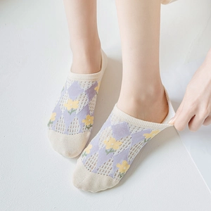 Chaussettes invisibles été pour femmes avec motif de tulipes en maille respirante