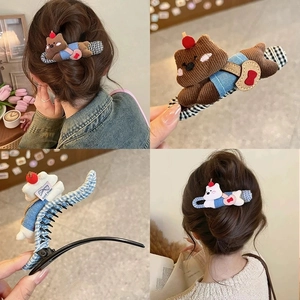 Cute Plush Bear Dog Hair Clips Corduroy Fabric Gingham Plaid Handmade Animal Hair Claw Accessories For Women Girls