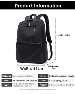 Size chart showing dimensions 48x31x16cm for the durable large capacity travel backpack