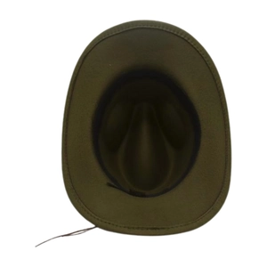 Detail des dunkelgrünen Fedora-Schweißbandes und verstellbaren Kordelzugs