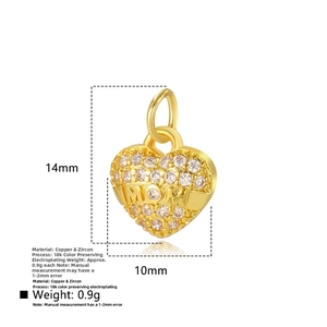 Detail view of gold heart pendant with MOM engraving and zircons plus dimensions