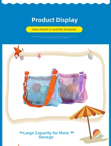Detailed view of large mesh beach bags for kids toys in blue and pink color variants