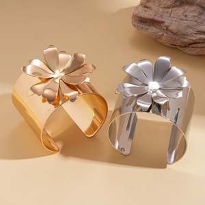 Exaggerated metal flower open cuff bracelet in polished gold and silver finish