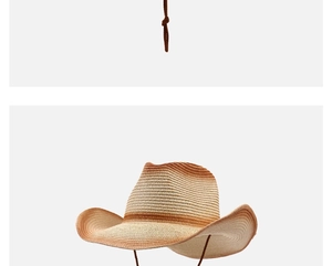 Detail showing the gradient straw weave texture and brown adjustable chin strap on the hat