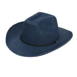 Close-up of navy blue straw cowboy hat with woven texture and metal ring detail