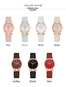 Multiple colors of Tadi quartz watches with leather straps and rose gold cases