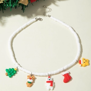 Detail of Christmas beaded necklace with colorful tree, snowman, and star charms