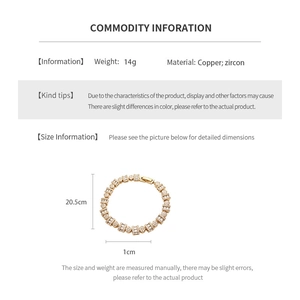 Detail showing 20.5cm length and 1cm width dimensions of 18k gold plated zircon bracelet