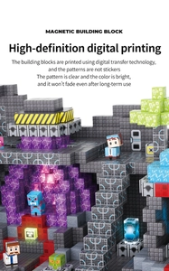 Detail view of pixel-style magnetic building blocks with HD digital printing