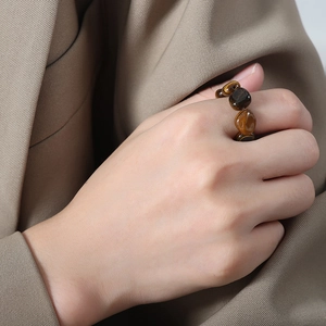 Tiger Eye beaded elastic ring for women, handmade luxury style with natural brown stone