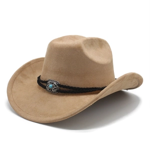 Detail of faux suede cowboy hat with braided cord and turquoise style metal buckle