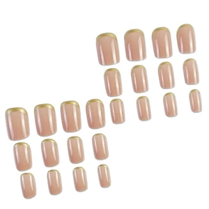 24pcs short square press-on nails with nude pink base and metallic gold french tips