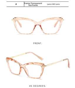Detail view of transparent tea cat-eye glasses with faceted texture and gold metal temples