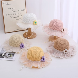 Five colors of girls' straw sun hats with floral lace trim and adjustable chin straps