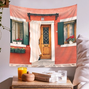 Detail of Mediterranean scene tapestry with high-definition thermal transfer printing on wall