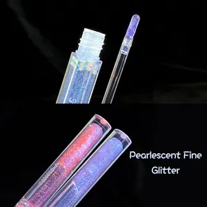 Glossy shimmer lip gloss set with blue and pink glitter in clear round tubes