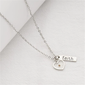 Silver stainless steel necklace with faith engraved bar and heart shaped pendant
