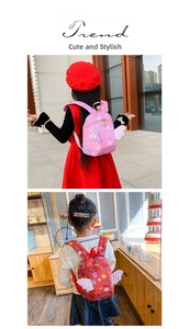 Detail of toddler safety backpack showing canvas material and cute wing decorations