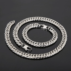 Detailed view of silver stainless steel Cuban link necklace and bracelet set on black surface