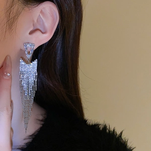 Detail shot of long silver tassel earrings with crystals worn by a model