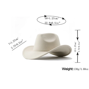 Detailed size chart for beige felt cowboy hat with dimensions and weight specs