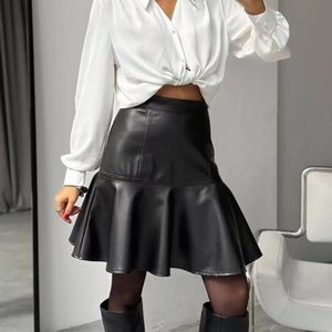 Mini Jupe En Simili Cuir Taille Haute Pour Femmes Avec Ourlet À Volants Moulante Chic
