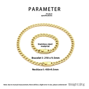 Dimensions détaillées du collier et du bracelet en acier inoxydable doré Figaro