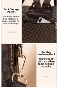 Detail view of anti-theft back zipper pocket and metal hook on printed backpack