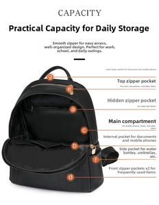 Detailed view of the large capacity interior with 7 functional pockets in black leather bag