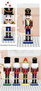 Detail shots of a 10-inch wooden Nutcracker soldier with classic red and green plaid jacket
