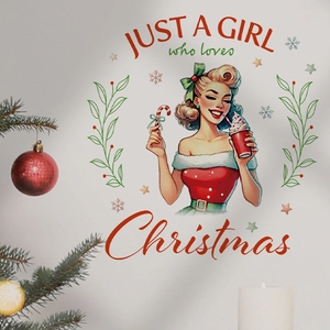 Weihnachts-Wandtattoo mit Retro-Frau, süßen Naschereien, Sternen und Schneeflocken