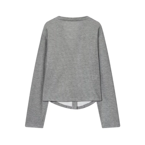 Detailed flat lay of the grey ribbed knit texture and stitching on the back of the top