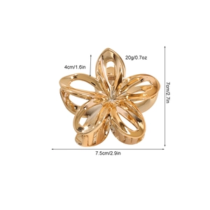 Golden plumeria flower hair claw clip with size dimensions on white background