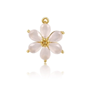 Detail of 18K gold-plated six-petal flower pendant with soft pink translucent petals