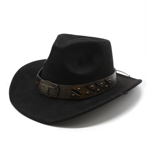 Cappello da cowboy nero in finta pelle scamosciata con fibbia a toro e borchie in metallo