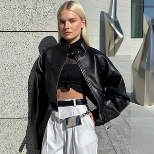 Women's black faux leather biker jacket with slim fit design and silver metal belt detail