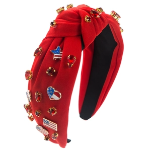 Red knotted headband with American flag charms and ruby-colored crystals for women