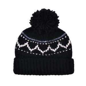 Bonnet en tricot noir avec motif jacquard rétro et grand pompon pour le ski d'hiver
