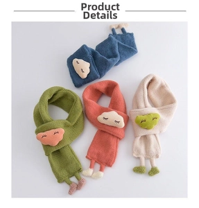 Detail of soft knitted baby scarves with cute cartoon cloud patches in four vibrant colors
