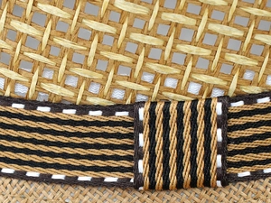 Close-up of breathable hollow weave texture and striped decorative band on straw hat