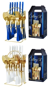 24-piece stainless steel cutlery set with blue and white handles on a gold drying rack