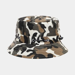 Detail of camouflage bucket hat featuring adjustable black drawstring and metal eyelets