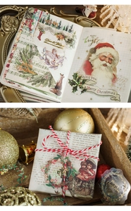 Détails d'autocollants de Noël vintage en PET avec dorure sur journaux et cadeaux