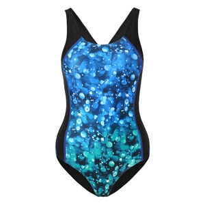 Detail of teal bubble print on a one-piece swimsuit with sporty black side panels