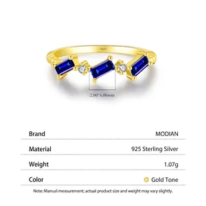 Minimalist S925 sterling silver ring with emerald cut blue gemstones and clear zircons